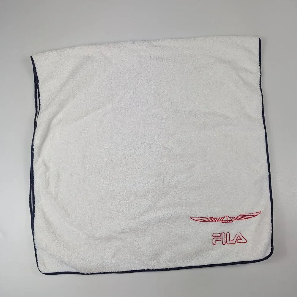 FILA White Line Bath Towel Vtg 73 Italy White Navy Embroidered Logo 100% Cotton